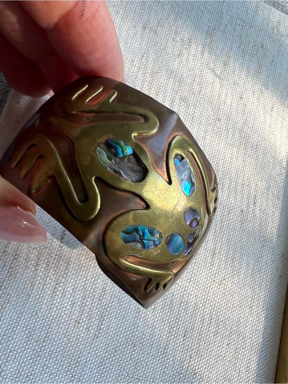 Abalone Inlay Brass Cuff Bracelet - Iridescent Blue-Green